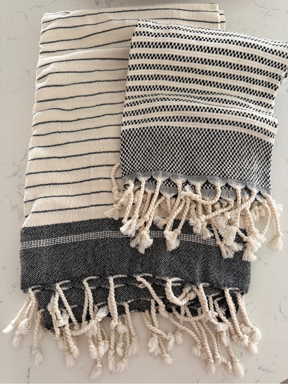 Striped Black and Cream Turkish Cotton Bath Towel and oversized hand towel